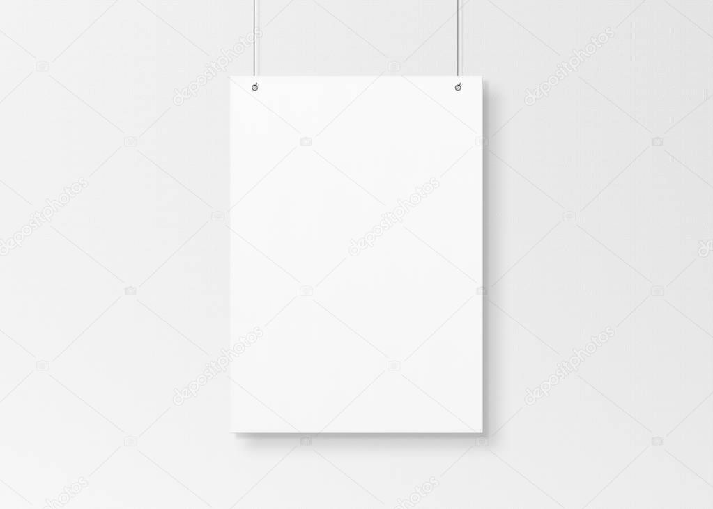 White poster isolated hanging by strings on wall mockup 3D rende