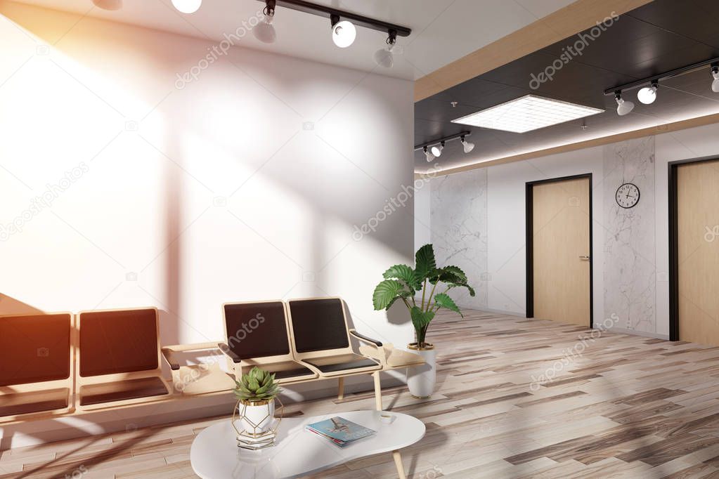 Blank white wall in bright wooden waiting room Mockup 3D rendering