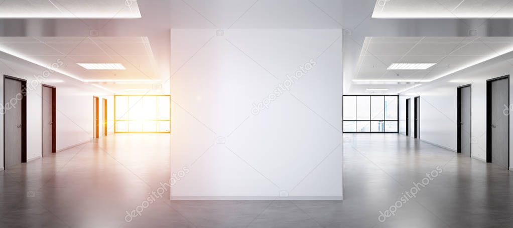 Blank squared wall in bright office mockup with large windows and sun passing through 3D rendering