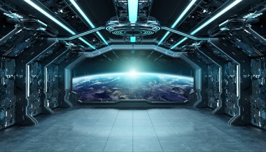 Koyu mavi uzay gemisi fütüristik iç planı üzerinde pencere Manzaralı
