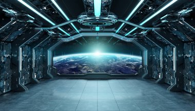 Koyu mavi uzay gemisi fütüristik iç planı üzerinde pencere Manzaralı