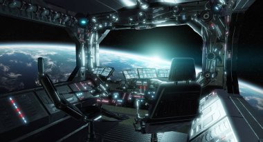 Spaceship grunge interior control room with view on space 3D ren clipart