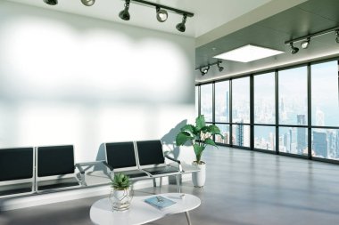 Büyük pencereler ve güneş pas ile bekleme odası mockup boş duvar