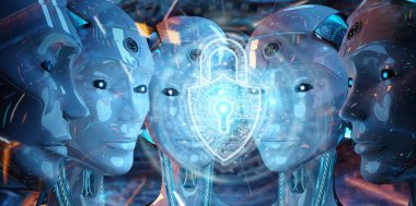 Siber Güvenlik arabirimi 3d r kullanarak kadın robotlar kafalarını grup