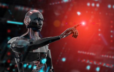 Siyah ve kırmızı akıllı robot cyborg koyu 3 parmak işaret
