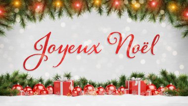 Noel kartı, kırmızı noel hediyeleri ve pi