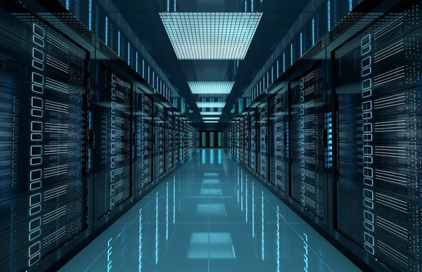 Sala central de servidores escuros com computadores e sistemas de armazenamento 3D r — Fotografia de Stock