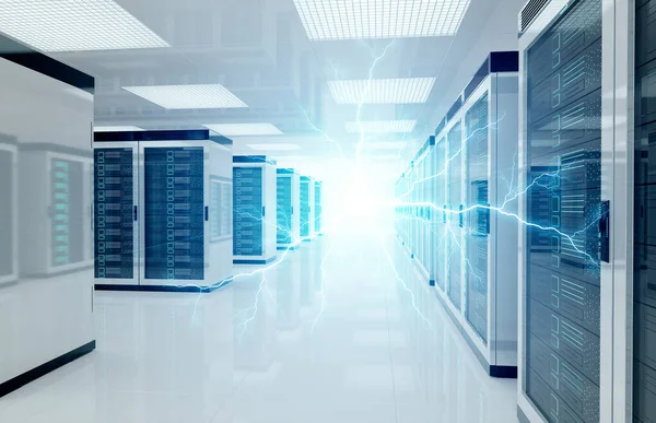 Relâmpago de eletricidade em servidores sistema de armazenamento de sala de data center — Fotografia de Stock