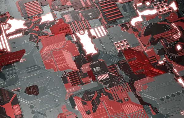Футуристические красные и стальные панели фоне с большим количеством детонаций — стоковое фото