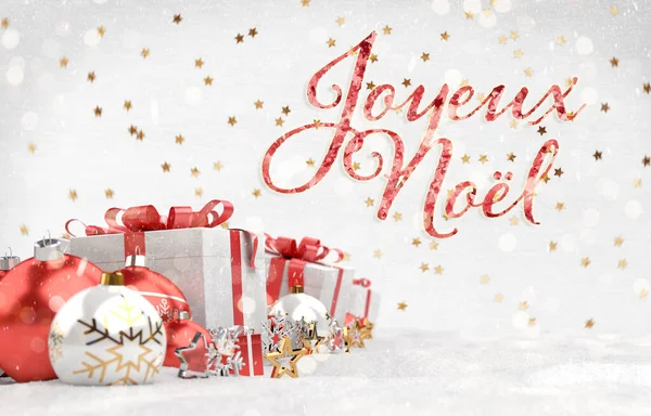 雪の3Dレンド上の赤ちゃんや贈り物とクリスマスカードの挨拶 — ストック写真