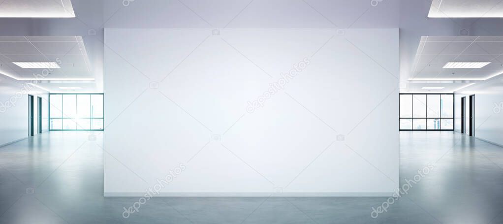 Blank wall in bright office mockup with large windows and sun passing through 3D rendering