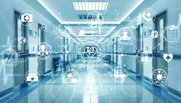 Dijital tıbbi Infographics ve Cha ile hastane mavi koridor
