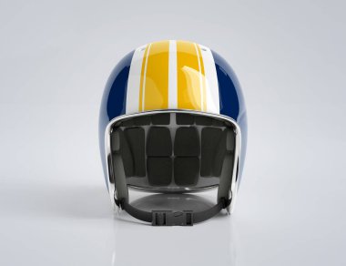 Mavi ve Sarı vintage motosiklet kask beyaz backg izole