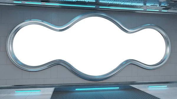 White tech spaceship round window interior background 3D renderi