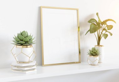 Bitki ve bitkiler ile parlak iç beyaz raf üzerinde eğilme çerçeve