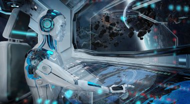 Robot bir beyaz modern uzay gemisi galibiyetle uçan bir kontrol odasında