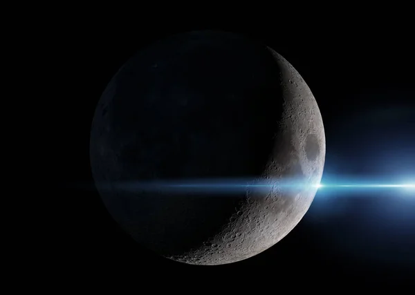 Vista de uma lua crescente no espaço com estrelas de fundo renderização 3D — Fotografia de Stock