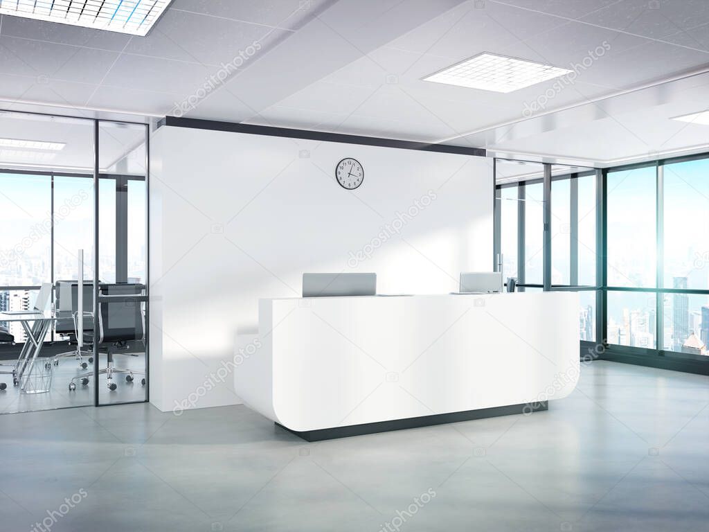Blank white reception desk in concrete office with large windows