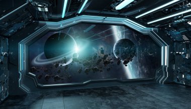 Koyu mavi uzay gemisi fütüristik iç spac pencere Manzaralı