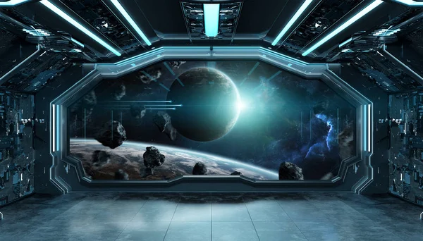 Темно-синій космічний корабель футуристичний інтер'єр з видом на вікно на просторі — стокове фото