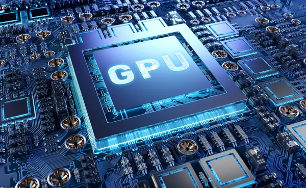 Vista de perto de um cartão GPU moderno com renderização 3D de circuito — Fotografia de Stock