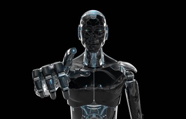 Siyah ve mavi akıllı robot cyborg koyu parmak işaret 