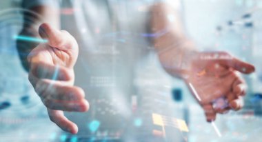 Verileri 3D ile dijital teknolojik arayüz kullanan işadamı 