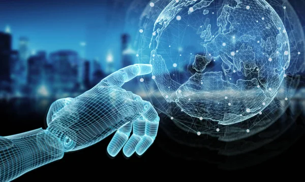 Wireframed blue robot hand touching digital world on dark backgr — Stock Photo, Image
