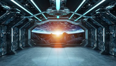 Koyu mavi uzay gemisi fütüristik iç spac pencere Manzaralı