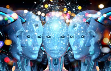 Dişi robotların grup başkanları oluşturma dijital küre ağ 3d 