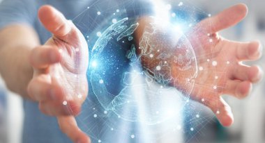 Avrupa harita küre ağ hologram 3d render kullanarak İşadamı
