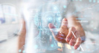 Dijital yapay zeka kafa arayüzünü kullanan işadamı