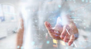 Nokta ile yüzen dijital ağ bağlantılarını kullanan işadamı