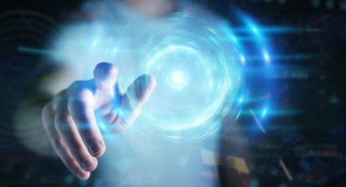 Yeni futuristik enerji güç kaynağı 3D rende oluşturma işadamı