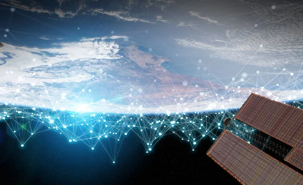 Satélites que envían intercambios de datos y sistema de conexiones a través de t —  Fotos de Stock