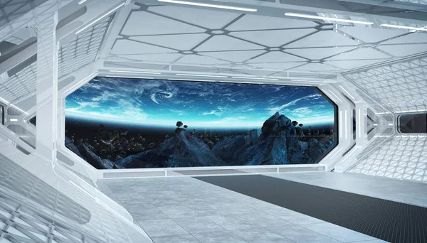 White blue spaceship futuristic interior with window view on spa