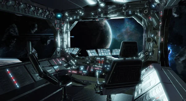 Spaceship grunge interior control room with view on space 3D ren