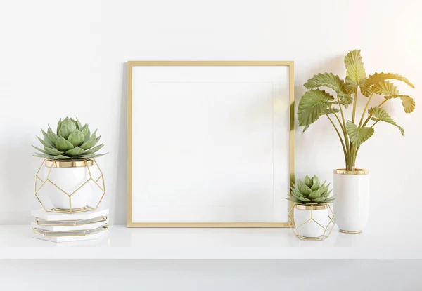 Rama oparta na białym półką w jasnym wnętrzu z roślinami i — Zdjęcie stockowe