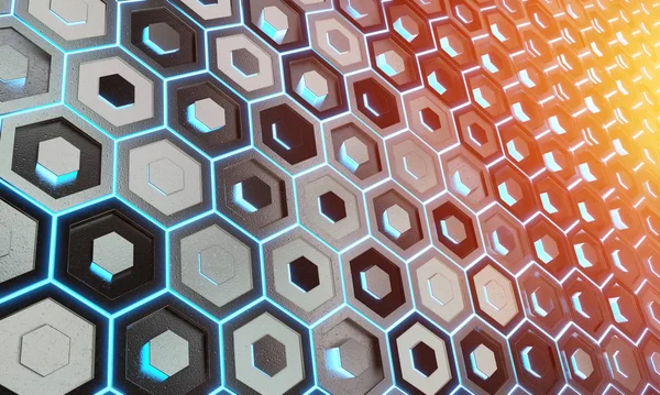 Glowing black blue and orange hexagons background pattern on sil — Stock Photo, Image