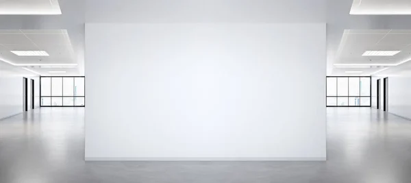 Blank wall in bright office mockup with large windows and sun pa