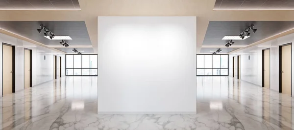 Parede em branco em mármore e maquete de escritório de madeira com grandes janelas — Fotografia de Stock