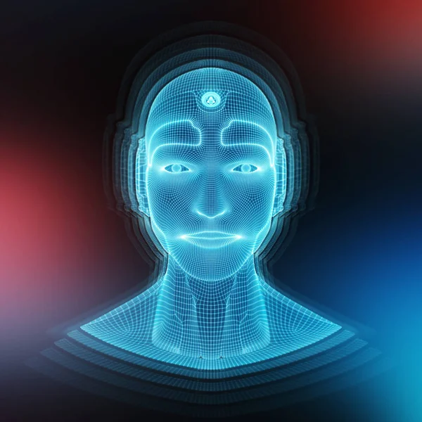 Intelligent machine with a robotic cyborg head concept 3D render