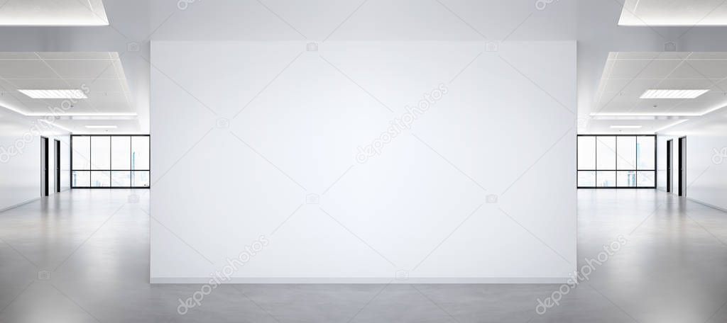 Blank wall in bright office mockup with large windows and sun passing through 3D rendering