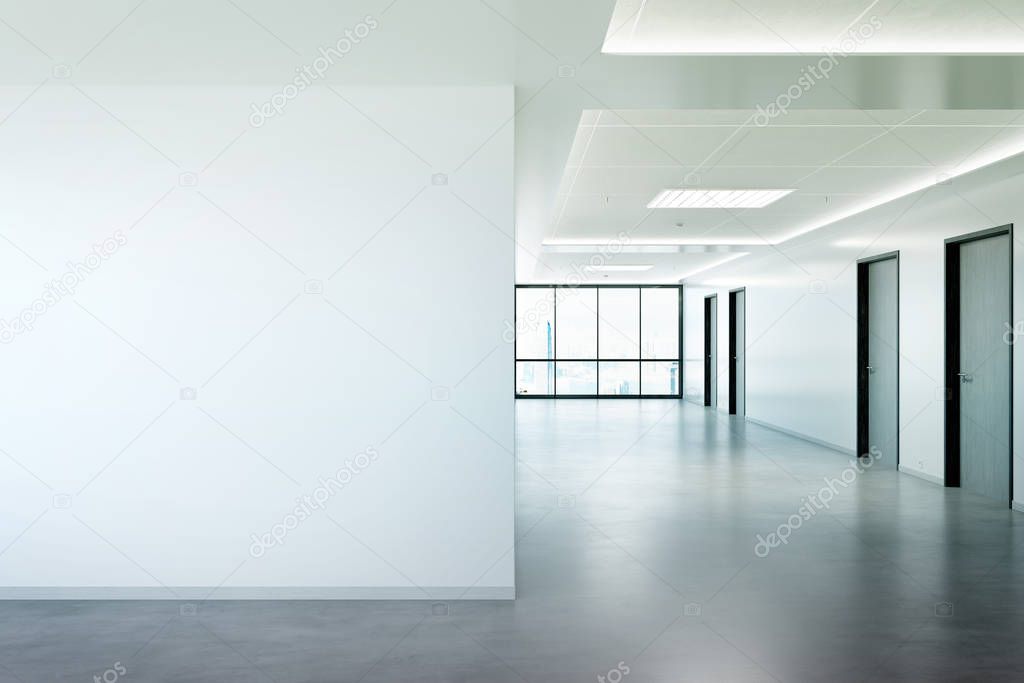 Blank wall in bright office mockup with large windows and sun passing through 3D rendering