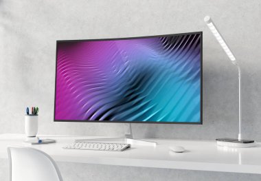 Beyaz masaüstü ve beton iç mockup 3d kavisli monitör 