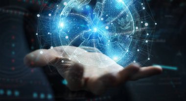 Avrupa harita küre ağ hologram 3d rend kullanarak işadamı el