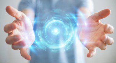 Yeni futuristik enerji güç kaynağı 3D rende oluşturma işadamı