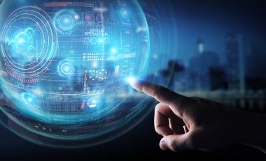 Verileri 3D ile dijital teknolojik arayüz kullanan işadamı 