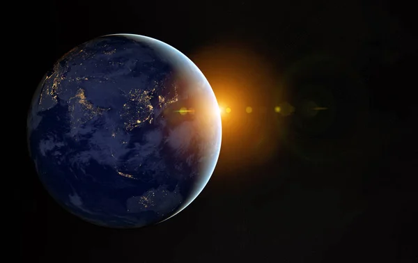 Vista del planeta Tierra por la noche con luces de ciudades en Asia 3D rend —  Fotos de Stock