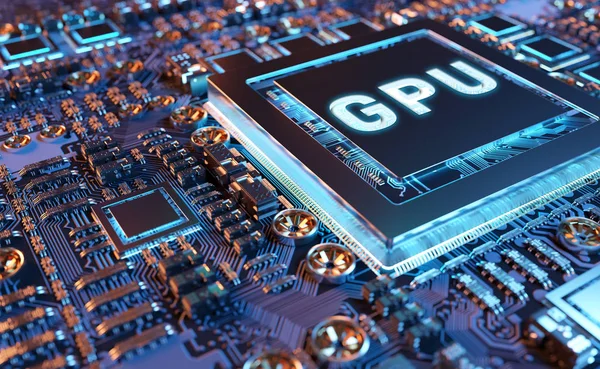 Vue rapprochée d'une carte GPU moderne avec rendu 3D de circuit — Photo